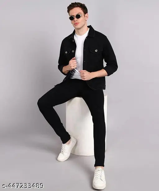 Premium solid black denim men's jeans - sleek, stylish, durable. Ideal for casual or semi-formal wear." (112 characters)