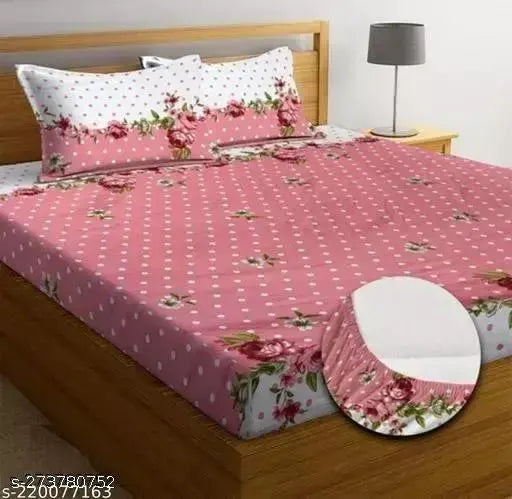 White cotton fitted bed sheet set with floral pattern, superfine quality, double size, ideal for summer, DECORHUT FAB