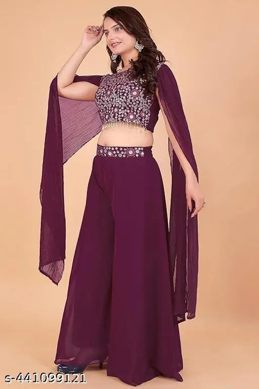 Trendy Georgette sleeveless blouse set, Indian fashion for women, single piece in sizes S & L with waist size 32in/36in and bottom length 40in each