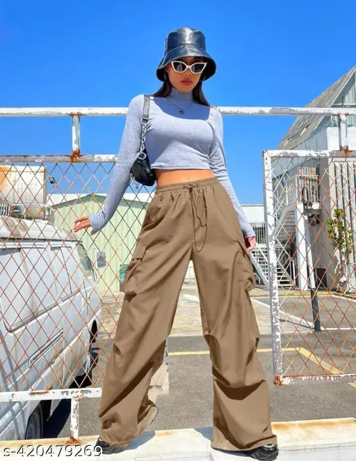 Tan cotton high waist wide leg trousers, with pockets on back