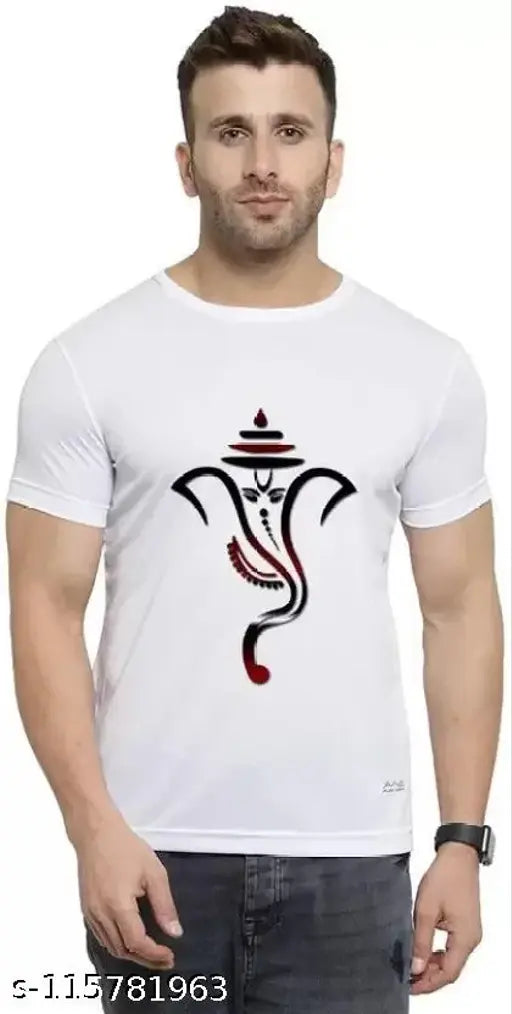 White polyester round neck t-shirt featuring Ganesh Ji print, ideal for Indian fashion, available in sizes S, XL, L, M, XXL