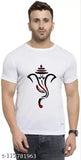 White polyester round neck t-shirt featuring Ganesh Ji print, ideal for Indian fashion, available in sizes S, XL, L, M, XXL