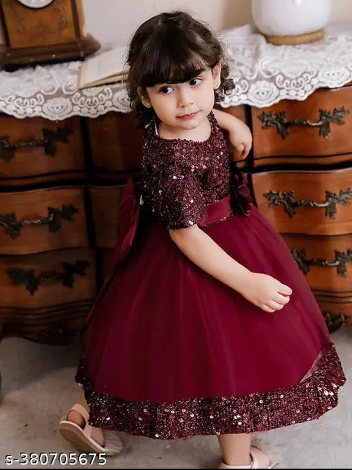 Maroon Quine baby girl clothing, single piece in embellished net fabric - Western-style 2-9 years, India origin