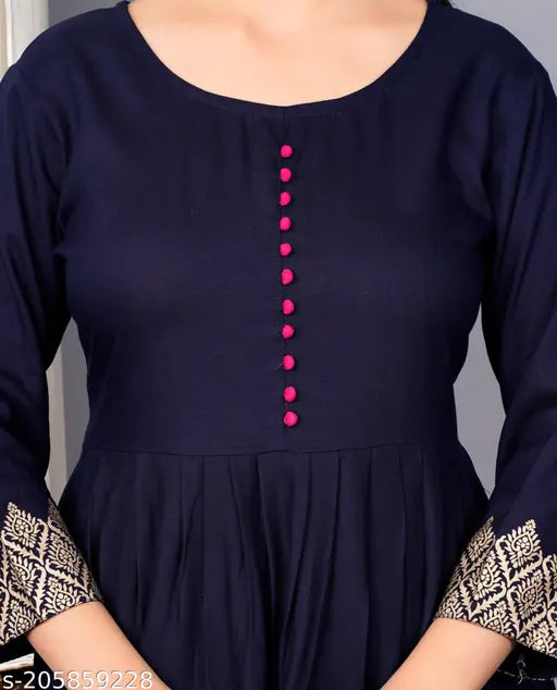 A navy blue rayon long-sleeved kameez with gold embroidery on the front and a small red button detail