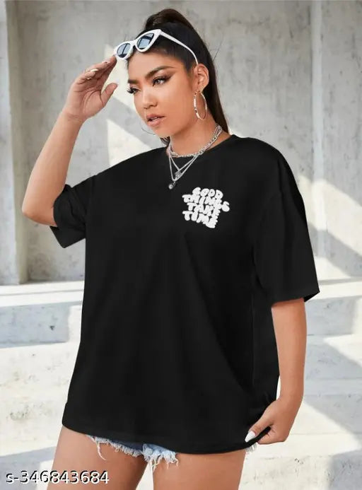 Black cotton round neck oversized women's t-shirt