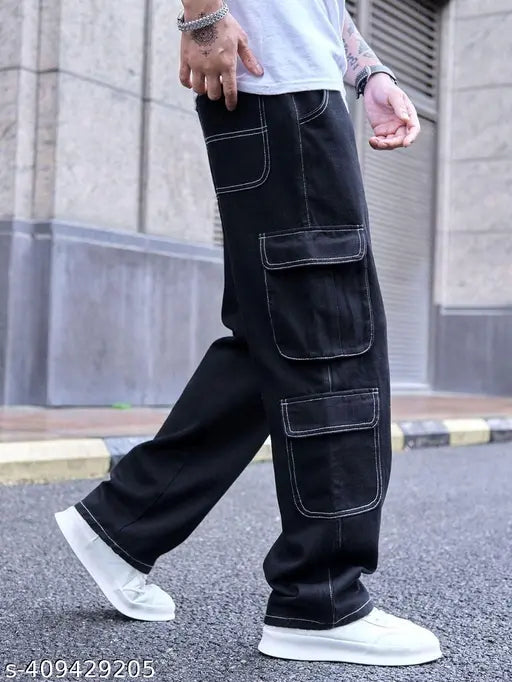 Cargo black cotton blend solid net D-POCKET pant - classic, comfortable, trendy style for work and outdoors. Sizes: 28, 30, 32, 34 (waist 26/28/30/32, length 40in). Made in India