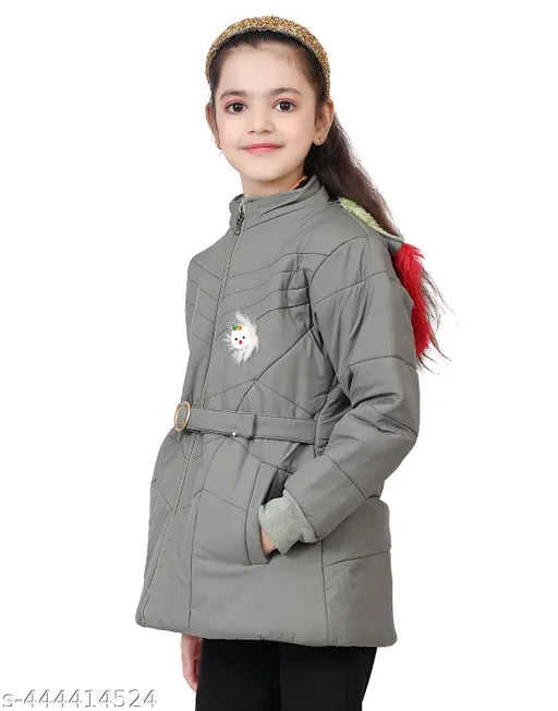 Gray girls jacket with zip closure and red fur lining