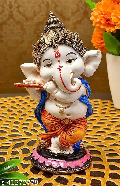 Handcrafted poly resin Ganesha decor for pooja room, home office, meditation, or car dashboard - 10cm x 12cm x 10cm, Indian artifact