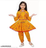 Trendy ethnic cotton Kurta and Dhoti pant set with shrug for girls, printed A-line top and dhoti pants, festival wear for kids
