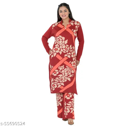 Women's Modern Full Sleeve Woolen ALine Kurta with Palazzo - warm, printed net woolen set for casual or occasional wear