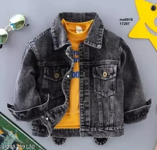 Stylish kids denim jacket, black, modern design in 1 piece, size options available for ages 0-4 years