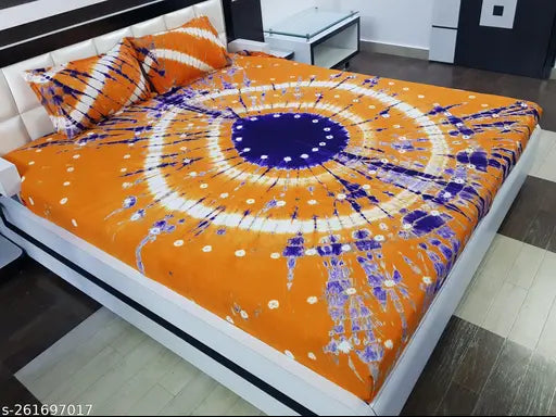 Saffron and purple tie-dye bandhani cotton double bedsheet with two pillow covers - colorful Rajasthani design for summer adult beds