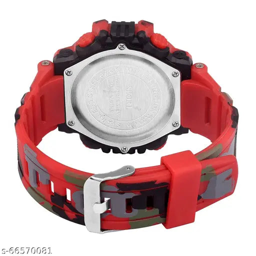 Digital sports watch with red dial and army print strap, adjustable buckle