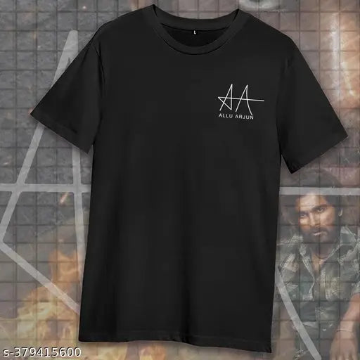 Allu Arjun black cotton t-shirt, half sleeves, graphic design, autograph print, trendy, regular fit, cool styles, comfortable material