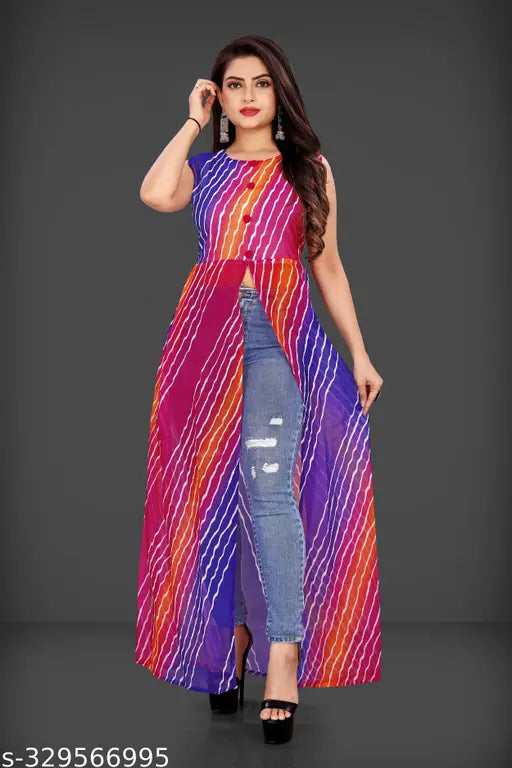 Extra-large Georgette fabric flared kurti, multi-color lining, sleeveless design, new arrival, fashionable plus size (S, M, L, XL, XXL, XXXL, 4XL, 5XL, 6XL, 7XL, 8XL) with slimming crepe effect, India origin