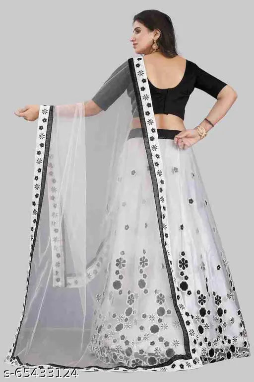 Indian semi-stitched net lehenga set, solid top with embroidered lace dupatta" (124 characters)
