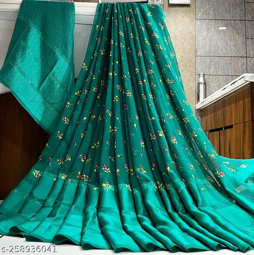 Juhi Collection, green satin, saree design, women's fashion