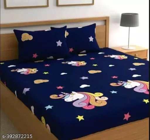 Superfine cotton unicorn double bed fitted sheets, 2 pillow covers, ideal for summer. Fits up to 8 inches mattress, made in India." (104 characters)