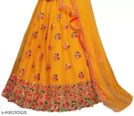 Embroidered net lehenga choli and dupatta set for girls party wear, Indian semi-stitch 3-14 years ages