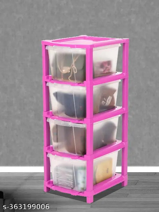 Pink plastic 4-layer cabinet organizer for kids' clothes, toys, books, files, shoes, and sarees
