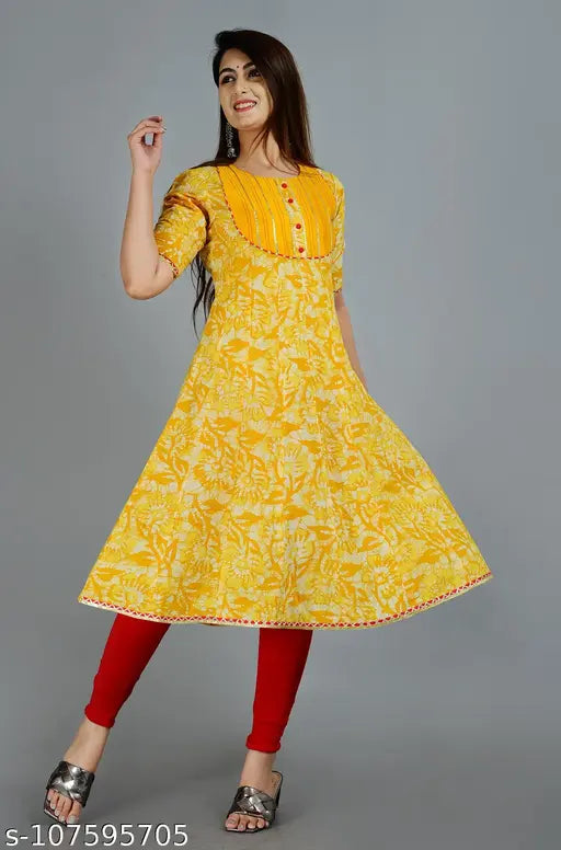 Yellow cotton knee-length kameez, unstitched with red pajama pants