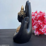 Handcrafted golden palm Buddha statue, luxurious gold & black design. Decorative VISKAA showpiece for home, measures 6x4.5x3.5 inches. Indian artisan-made Ganesh idol with intricate detailing