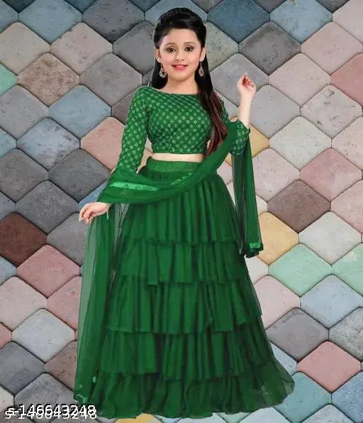 ASHTAVINAYAK kids ruffle embroidered net lehenga set in satin, semi-stitched, Indian origin