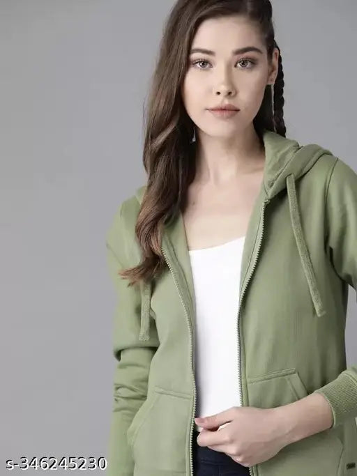Fleece women's solid hooded sweatshirt, long sleeves, zip closure, stylish fit, made in India
