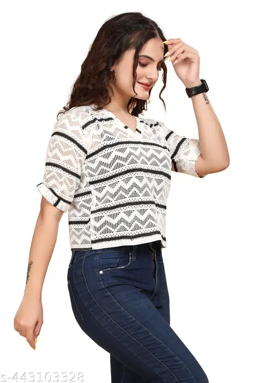 Cotton blend striped lace half sleeve women's tunic, trendy retro style with embroidered details, XS-XL sizes available
