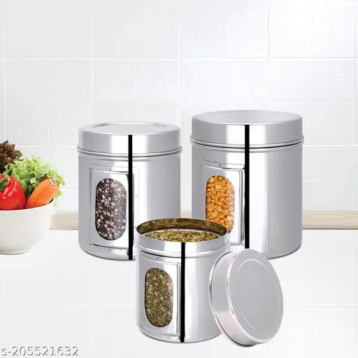 Stainless steel kitchen see-through storage canisters, 1150ml, 1500ml, 1900ml, set of 3 silver