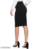 Stretchy black cotton blend bodycon skirt for women's party wear, faux button detail, versatile fit and length options