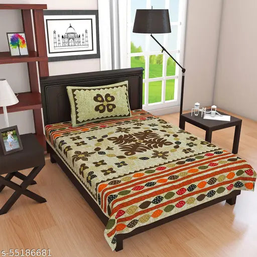 Green Barmeri Grey City Bedsheet (144 thread count, cotton), ethnic motifs, traditional sanganeri screen print