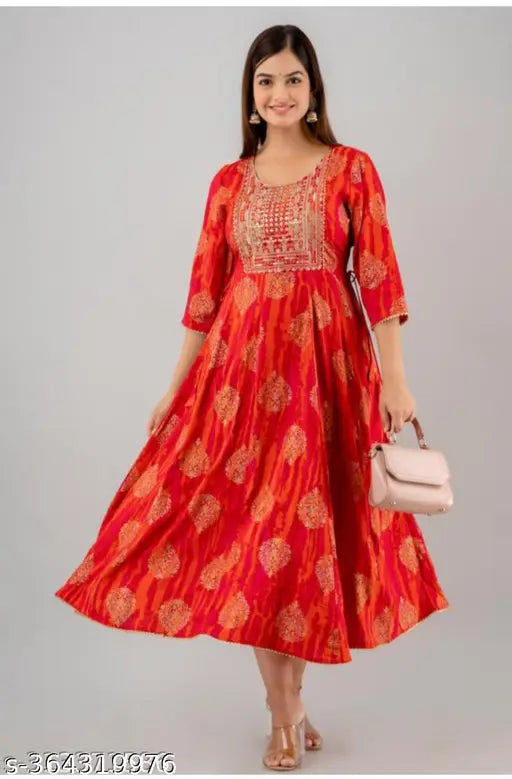 Rayon Anarkali Kurti, tardisnal printed long kurta with three-quarter sleeves, Indian fashion for women and girls