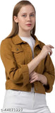 Light brown denim women's jacket, solid pattern, long sleeves, classic style with shank buttons and chest pockets. Made in India