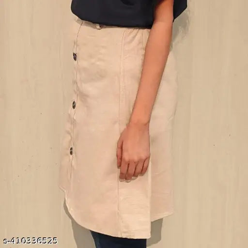 Women's solid cotton short button skirt, single piece available in sizes 26, 28, 30, 32. Indian-made casual skirt on a hanger