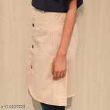 Women's solid cotton short button skirt, single piece available in sizes 26, 28, 30, 32. Indian-made casual skirt on a hanger