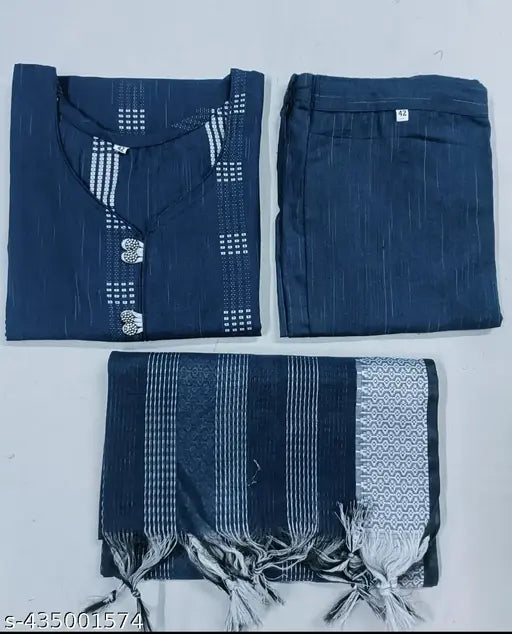 Blue cotton kurta and pants set, featuring matching dupatta