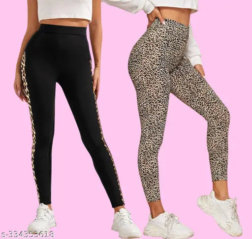 Printed Lycra FashionFusion leggings for women's wardrobe - 2 pairs in sizes 26, 28, 30, 32, 34, and 36, made in India