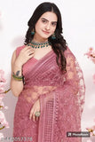 Embroidered Bollywood net saree with unstitched blouse (Free Size, 5.5m), satin blouse fabric