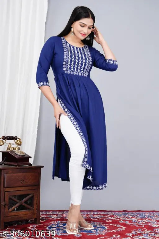 Rayon three-quarter sleeve kurti set by Nikhil Enterprise, solid pattern for women's fashion