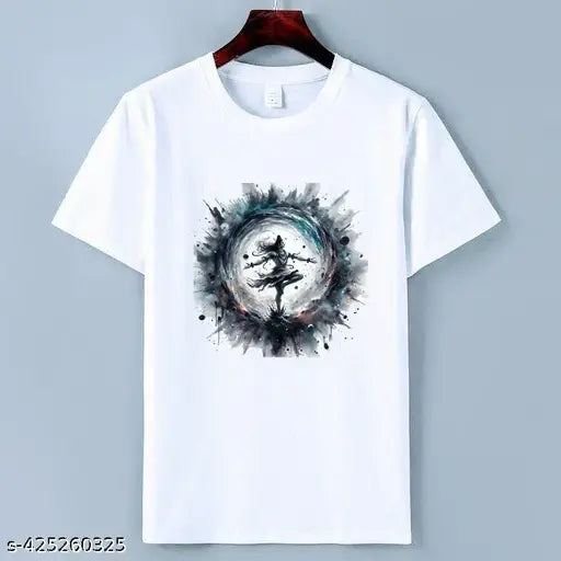 White polyester Shiv Tandav printed t-shirt featuring Mahadev design, short sleeves