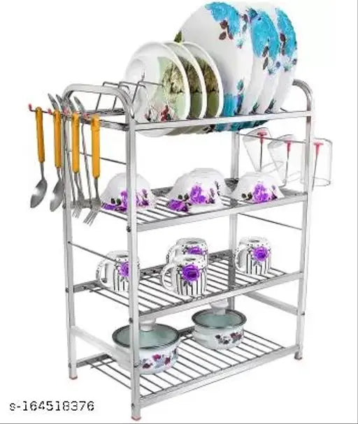 Stainless steel kitchen rack with four shelves, dish rack and cutlery stand