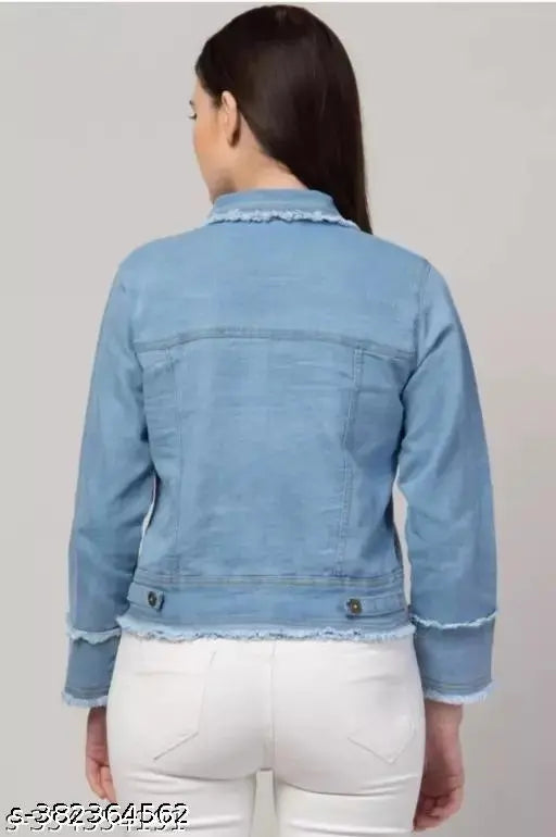 Light blue denim jacket with distressed hems and fringe details