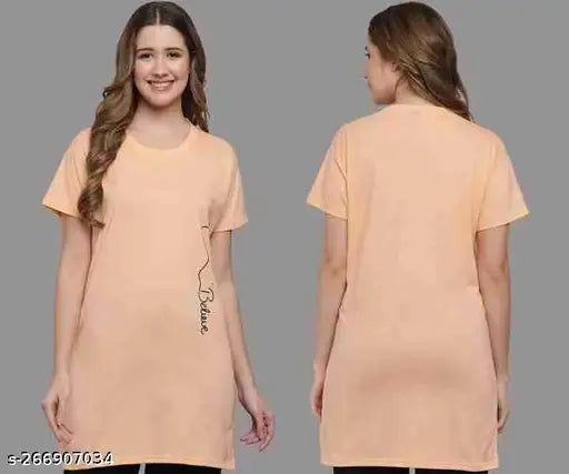 Short-sleeved women's long cotton t-shirt in solid design. Women's clothing on hanger