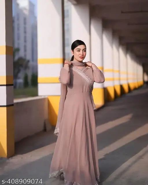 Brown georgette ZIPPY LACE gown duppatta set with three-quarter sleeves, solid pattern, Indian bridal wear
