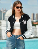 Black fleece trending bomber jacket, solid design for women's fashion, long sleeves on hangar
