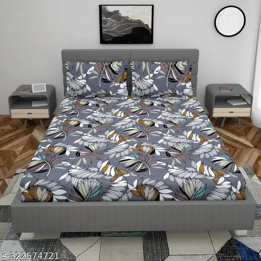 Elastic fitted cotton king size bedsheet with floral print, ideal for 8 inches mattress & 2 jumbo pillow covers, superfine glace cotton