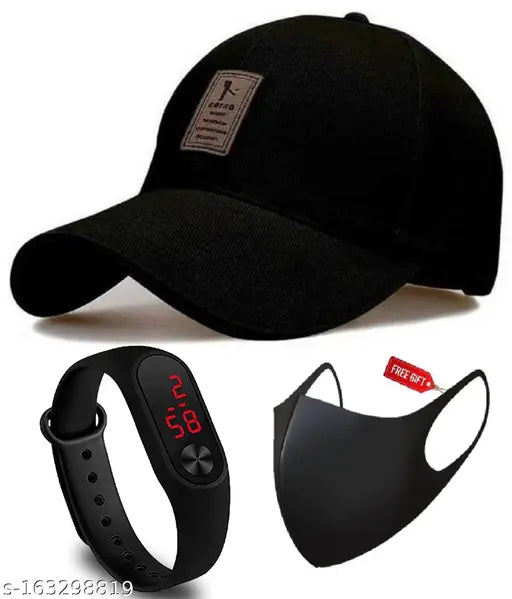 Black self-design cotton Ediko baseball cap with pollution mask and LED band watch, versatile for women, men, boys, girls - Indian origin