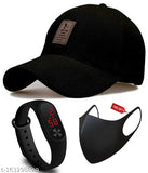 Black self-design cotton Ediko baseball cap with pollution mask and LED band watch, versatile for women, men, boys, girls - Indian origin