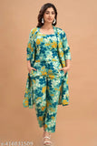 Green rayon 3-piece set: Rayon shirt and pyjamas with three-quarter sleeves, printed net pattern. Quality fabric made in India (M: Bust 38in/Length 23in, Waist 30in/Hip 38in, Length 38in; L: Bust 40in/Length 23in, Waist 32in/Hip 40in, Length 38in; XL: Bust 42in/Length 24in, Waist 34in/Hip 42in, Length 39in; XXL: Bust 44in/Length 24in, Waist 36in/Hip 44in, Length 39in)